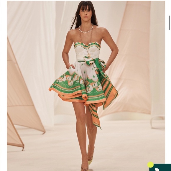 ZIMMERMAN • high tide • white linen corset green pink mini dress • 2 - Picture 1 of 16